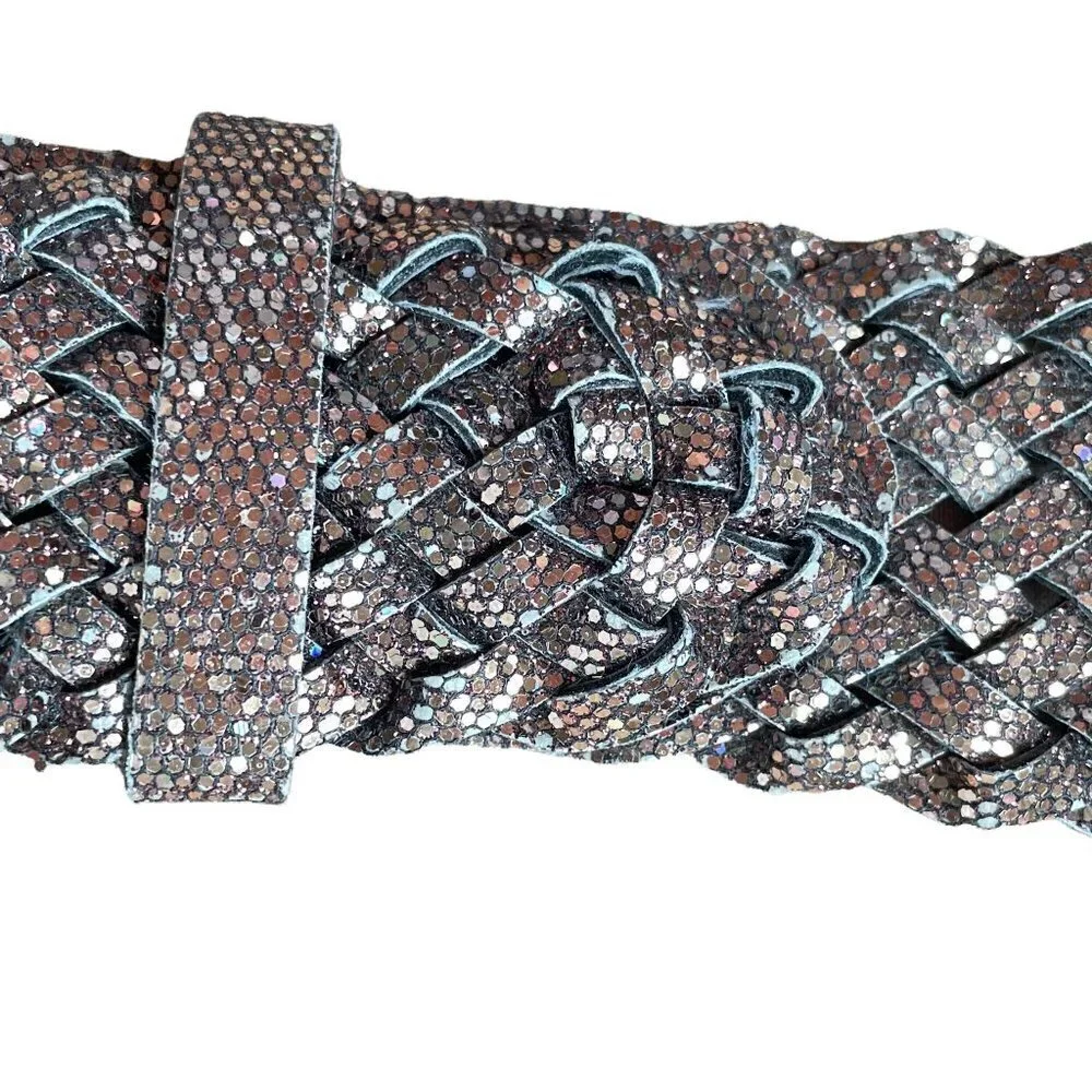 Woven Brown Leather or Faux Leather Belt with Copper Color Glitter Embedded
